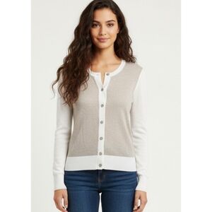 Loft Two Tone Button Up Cardigan Sweater Tan & Cream Size XS